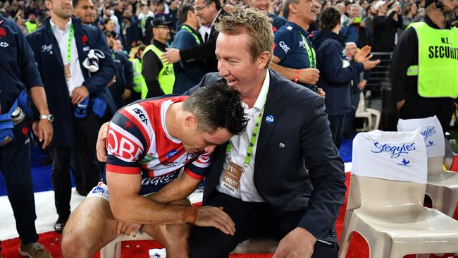 Sydney Roosters coach Trent Robinson with Cooper Cronk after 2018 NRL grand final. Picture: NRL