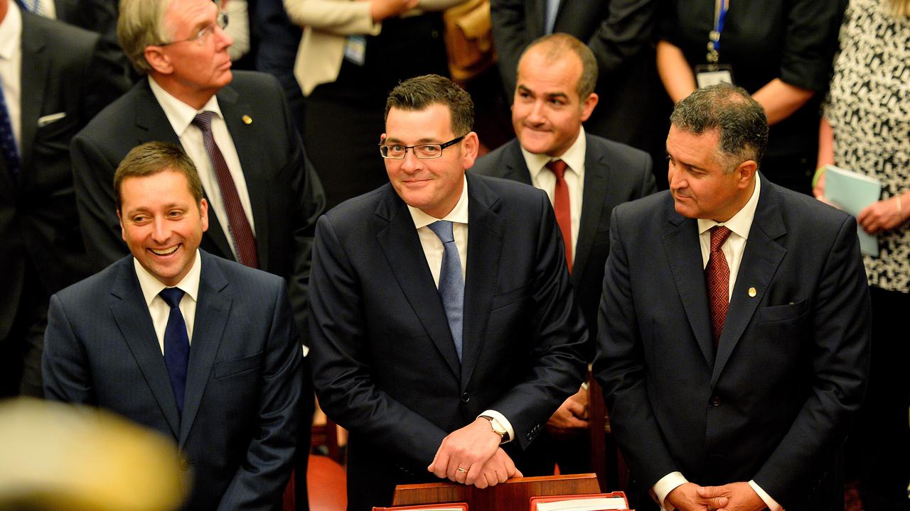 Opposition Leader Matthew Guy and Premier Daniel Andrews at the opening of parliament in 2014. Picture: Martin Reddy