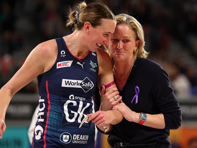 MELBOURNE, AUSTRALIA - JULY 27: Emily Mannix of the Vixens and Simone McKinnis, head coach of the Vixens celebrate victory in the Super Netball Preliminary Final match between Melbourne Vixens and West Coast Fever at John Cain Arena on July 27, 2024 in Melbourne, Australia. (Photo by Graham Denholm/Getty Images)