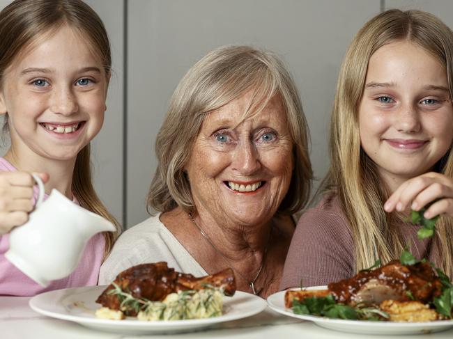 Phoebe, 11, Felicity, 8, and Sheila pose for a photo for Coles Autumn Valuel, Melbourne, Australia on March 26th 2024. Photo by Martin Keep/Coles