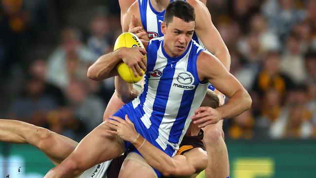 Alastair Clarkson has urged the Kangaroos to ‘stay the course’ as star on-baller Luke Davies-Uniacke reportedly put contract talks on hold. The 24-year-old will be a restricted free agent next season. Picture: Quinn Rooney / Getty Images