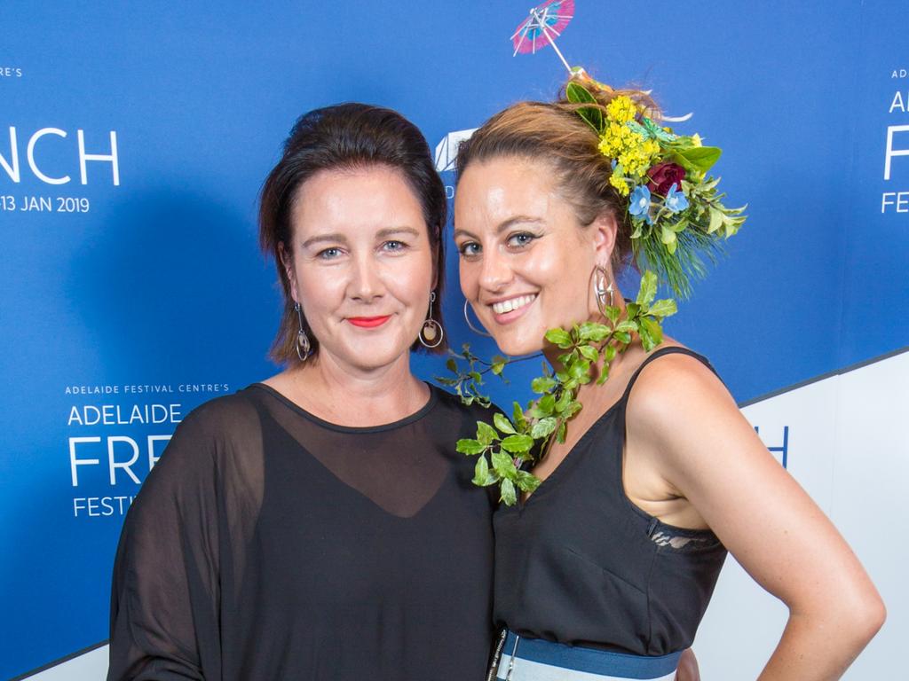 Rebecca Pearce and Charissa Davies celebrated the opening night of Adelaide Festival Centre’s Adelaide French Festival which featured speeches, food and drinks ahead of a performance of Monchichi. Picture: Kelly Carpenter