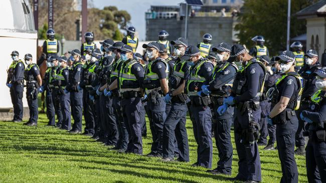 Police turn out in force at the anti-vaccination rally. Picture: Tim Carrafa