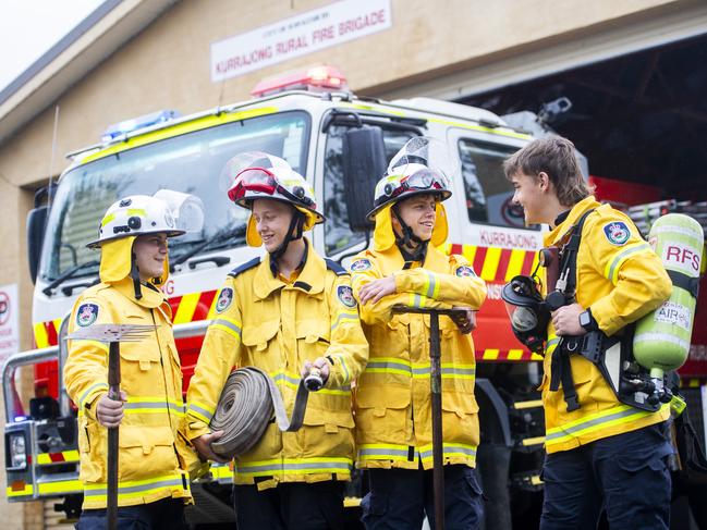 (LtoR) Riley Munro, Flyn Morgan, Michael Buckett and Finn McKinnon. Colo High School students doing basic firefighter training at Kurrajong Rural Fire Station.Photo Jeremy Piper