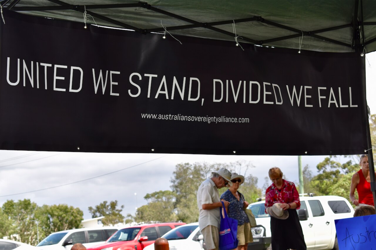 The quote was tied to the front tent, and across some protester’s shirts. Picture: Isabella Magee