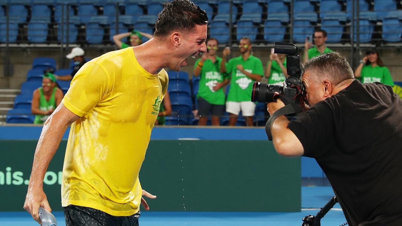 Thanasi Kokkinakis won the fifth and deciding rubber for Australia at last week’s Davis Cup tie against Hungary in Sydney. Picture: Getty Images