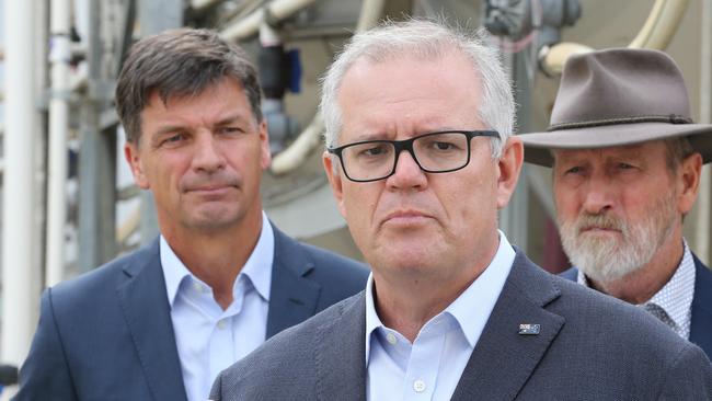 Prime Minister Scott Morrison with Energy Minister Angus Taylor (L), and member for Gray, Rowan Ramsey, at Jim Barry Wines in Clare, SA. Picture: NCA NewsWire / Dean Martin.