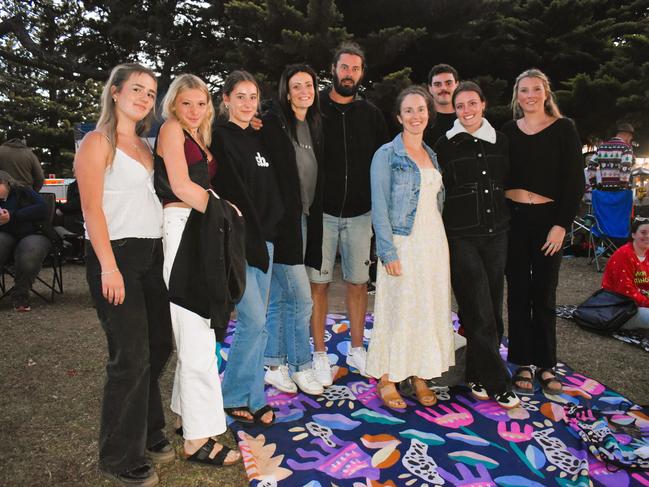 Gracie, Olivia, Oakley, Prue, Owen, Emma, Kristos, Miea and Matilda getting festive at the Phillip Island Christmas Carols by the Bay at the Cowes Foreshore on Tuesday, December 10, 2024. Picture: Jack Colantuono