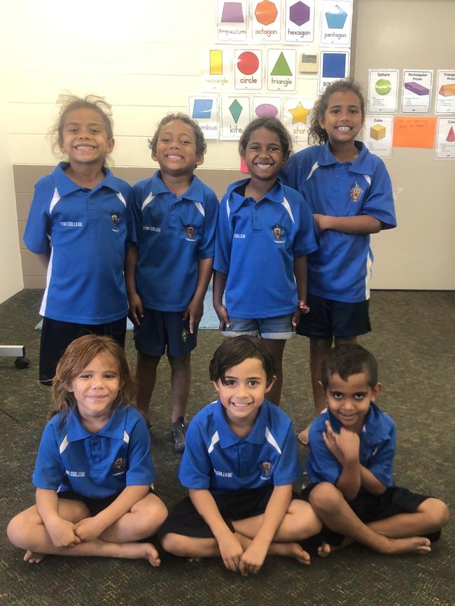 TIWI COLLEGE. BACK ROW (L-R): Lomani Ravula, Anaiah Maetoloa, Harmony Simon, Teneiya Tipuamantamerri. FRONT ROW (L-R): Asmara Scrymgour, Henry Vetekina, Elikus Scrymgour Napatali