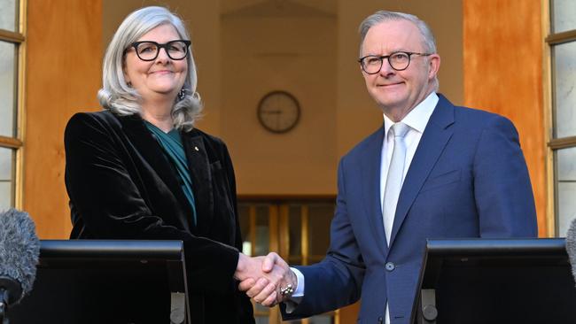 Incoming Governor-General Sam Mostyn and with Anthony Albanese at a press conference at Parliament House on Wednesday. PIcture: AAP