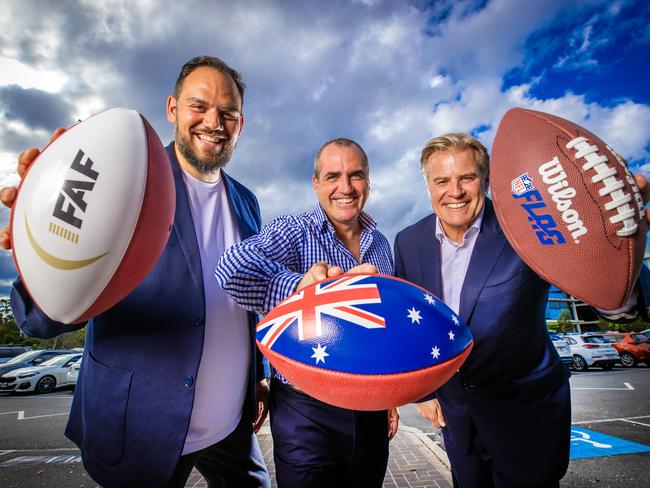 With Flag Football confirmed for its Olympic debut for the LA2028 Olympic games, sights have now been set to secure its inclusion in the Brisbane 2032 Games.* Pierre Trochet, President, International Federation of American Football (IFAF), Wade Kelly, CEO, American Football Australia (AFA) and Brett Gosper, Head of Europe & Asia-Pacific, National Football League (NFL).Picture: Nigel Hallett
