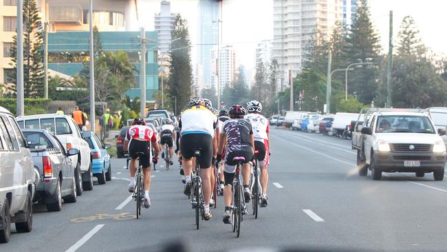 Cyclists rule the roads at Broadbeach. Pic by Luke Marsden. 