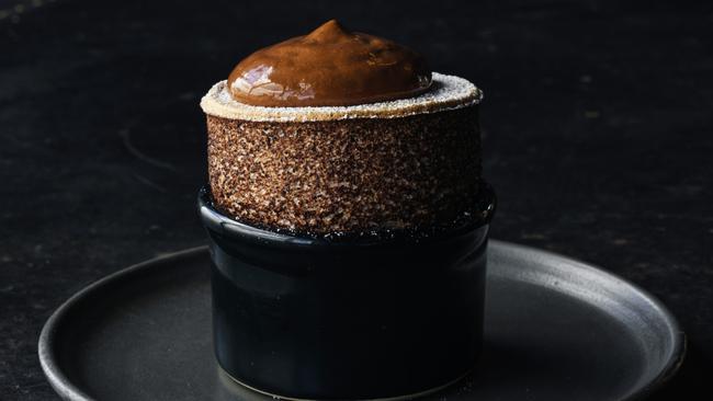 Chocolate souffle with espresso ice cream