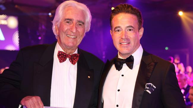 John Menzies, induced into the Gold Coast Business Hall of Fame, and Village Roadshow Theme Parks CEO Clark Kirby at the Gold Coast Business Excellence Awards Gala 2023 at The Star Gold Coast. Picture: Portia Large.