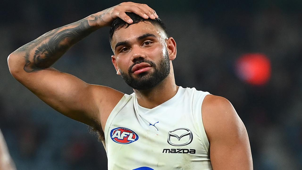 MELBOURNE, AUSTRALIA - JUNE 04: Tarryn Thomas of the Kangaroos looks dejected after losing the round 12 AFL match between Essendon Bombers and North Melbourne Kangaroos at Marvel Stadium, on June 04, 2023, in Melbourne, Australia. (Photo by Quinn Rooney/Getty Images)