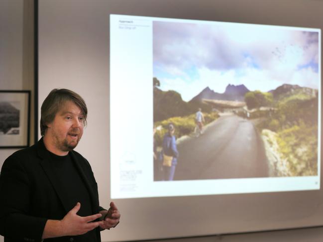 Architect Peter Walker speaks at the public information session about the Dove Lake developments at Cradle Mountain. Picture: CHRIS KIDD