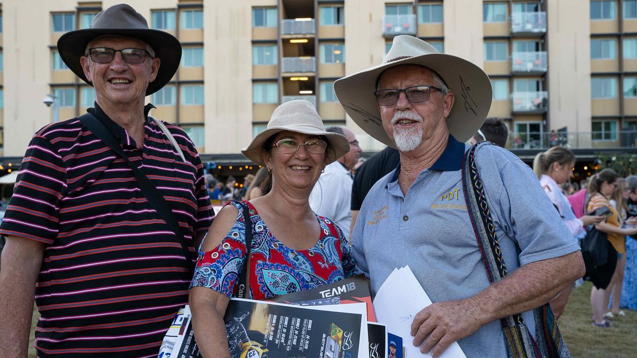 Jim Mullamphy, Catherine Mullamphy and Alan Mullamphy at the Driver and Rider signing at Darwin Waterfront for betr Darwin triple crown 2023 Picture: Pema Tamang Pakhrin