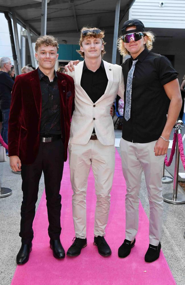 Breean Hawkitt, Brady Ryan and Toby Partridge at Meridan State College formal. Picture: Patrick Woods.