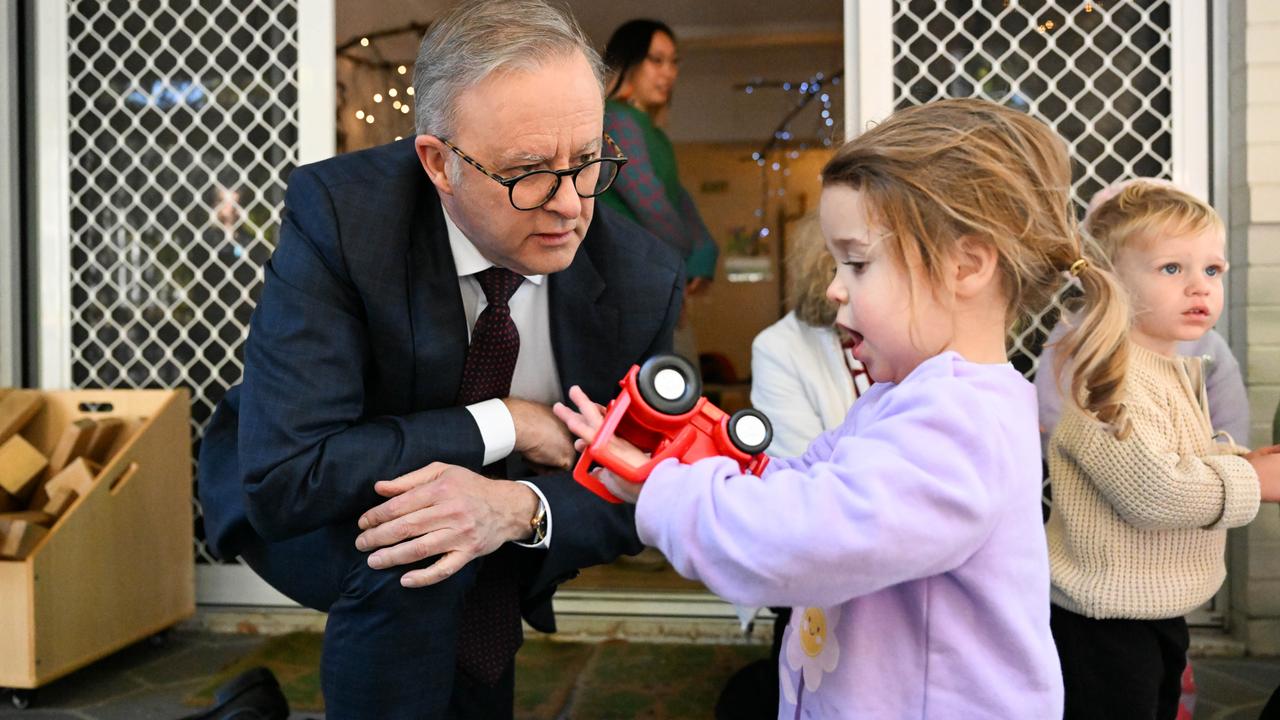 Prime Minister Anthony Albanese visiting a childcare centre in Brisbane in July. Picture: Dan Peled / NewsWire