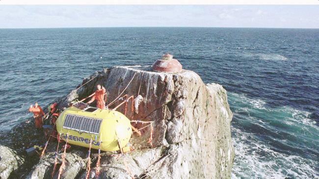 Greenpeace activists living in a survival capsule on the small, barren island of Rockall.