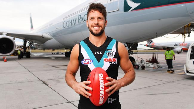 Travis Boak during Cathay Pacific and Port Adelaide partnership announcement.