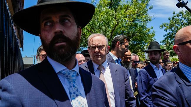 Anthony Albanese visits the Adass Israel Synagogue on Tuesday, four days after the place of worship was firebombed. Picture: Getty Images