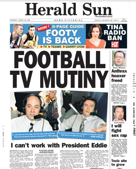 The Herald Sun’s front page with the Lane and McGuire story.