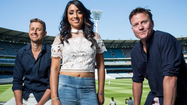 James Brayshaw, right, with Mark Howard and Isa Guha. Part of Triple M’s Ashes cricket coverage. Picture: Triple M