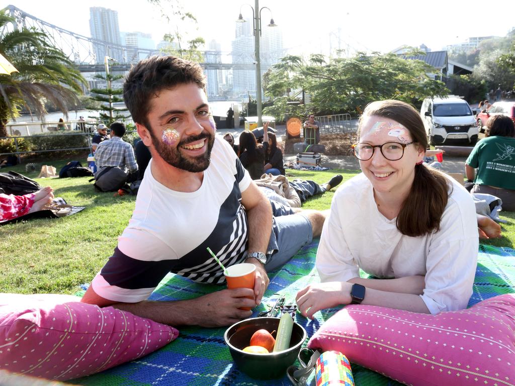 Jeremy Farley and Carla Jones, from New Farm, watching Riverfire from Howard Smith Wharves, 2023. Photo: Steve Pohlner