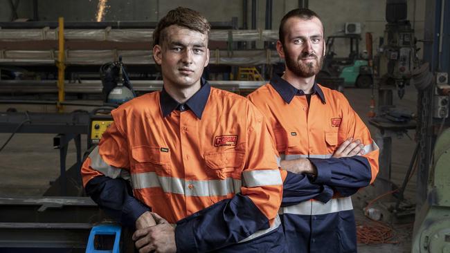 Brothers and fellow apprentices Chance and Tyler Kenos in the Gorski Engineering workshop in Melbourne. Picture: Arsineh Houspian