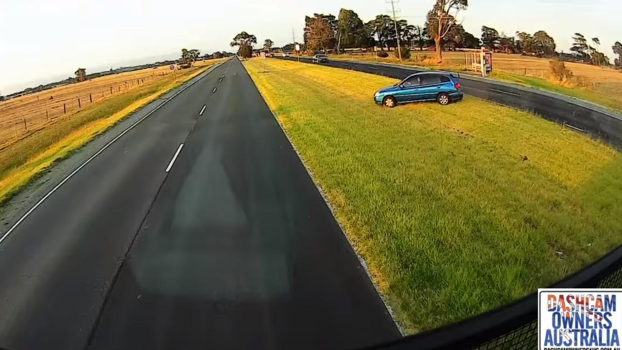 The car comes to a rest on the median strip. Picture: Dash Cam Owners Australia/ Facebook.
