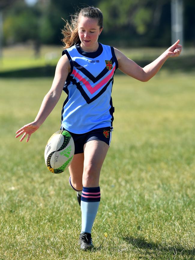 Tia Hinds kicks a ball at Heffron Park Maroubra. Picture: AAP Image/Joel Carrett.