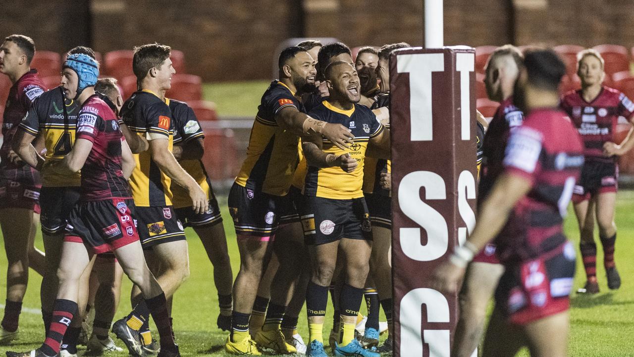 Gatton celebrate a try. Picture: Kevin Farmer.