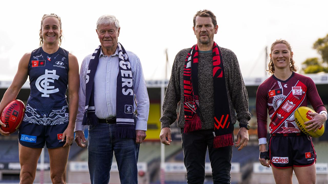 Carlton AFLW defender Harriet Cordner, David Parkin, Mark Harvey and Essendon midfielder Georgia Nanscawen. Carlton and Essendon will face off for premiership points at Ikon Park for the first time since the 1992 AFL season on Saturday night. Picture: Carlton FC