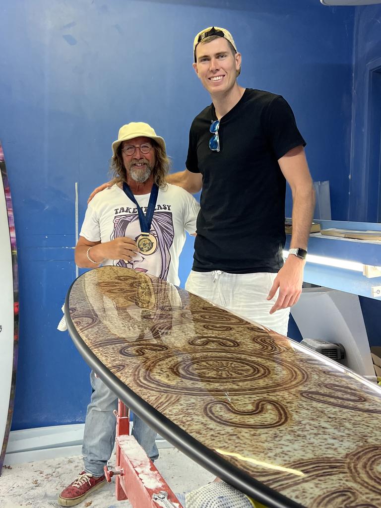 Collingwood star Mason Cox commissioned Torquay surfboard shaper Darren 'Dicko' Dickson to create a work of art on a board. Picture: Supplied