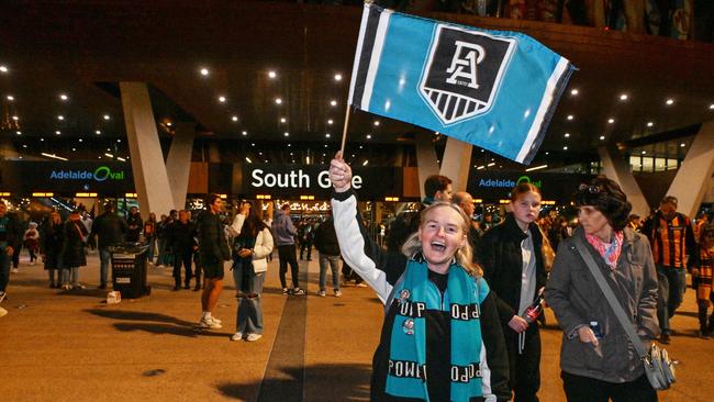 SEPTEMBER 13, 2024:Paula Stacey celebrates Port defeating Hawthorn after the semi final at Adelaide Oval. Picture: Brenton Edwards