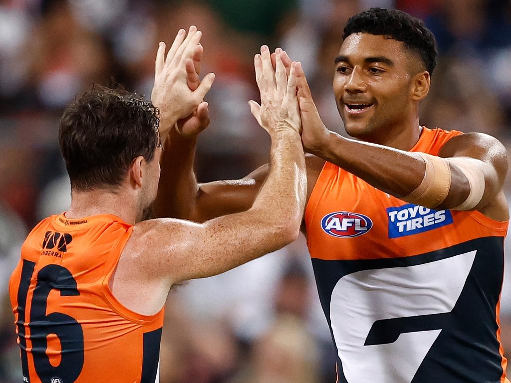 Brent Daniels and Callum Brown of the Giants celebrate during their side’s victory over Collingwood in Opening Round. Picture: Michael Willson/AFL Photos via Getty Images.