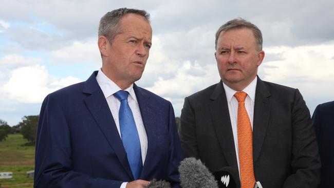 Opposition leader Bill Shorten and transport spokesman Anthony Albanese promise to establish a rail network by the opening of the Badgerys Creek airport if Labor is elected. Picture: Robert Pozo