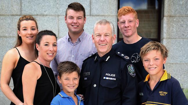 Grant Stevens in 2015, with his family for his confirmation as the Police Commissioner. Pictured here is Charlie, 9, his wife Emma, Sophie, 19, Dylan, 20, Josh, 18, and Tom, 12. Picture Dean Martin