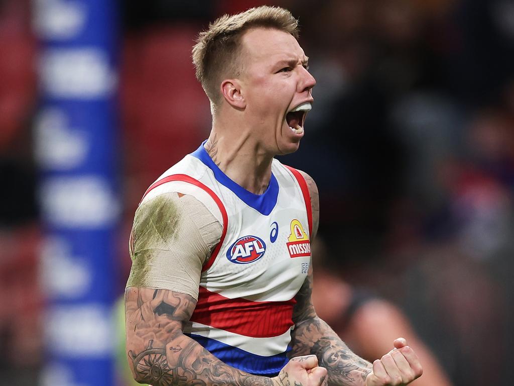 SYDNEY, AUSTRALIA - MAY 18:  James Harmes of the Bulldogs celebrates a goal during the round 10 AFL match between Greater Western Sydney Giants and Western Bulldogs at ENGIE Stadium, on May 18, 2024, in Sydney, Australia. (Photo by Matt King/AFL Photos)