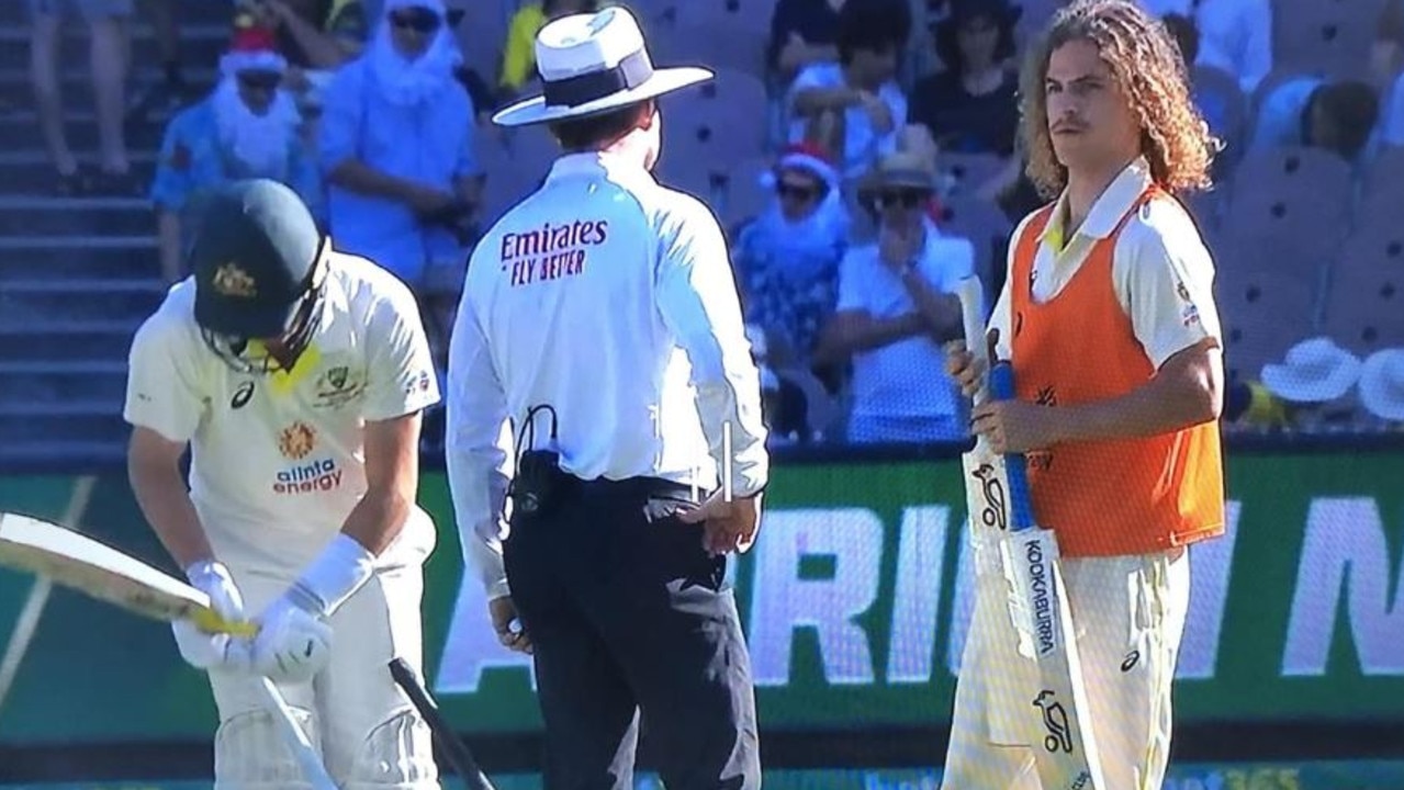 Harry DeMattia running out a bat to the middle in the Boxing Day Test. Picture: Fox Cricket