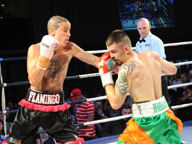 Jacob “The Flamingo’’ Ng wins the Australian lightweight title against Gaige Ireland at Southport Sharks. Picture: Clive Franklin