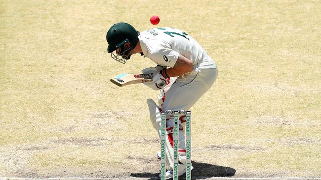 Matthew Wade ducks out of the way of a bouncer. Picture: Getty