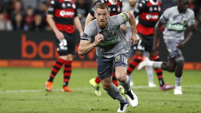 Mariners captain Oliver Bozanic after scoring the equalising goal from the penalty spot. Picture: Getty Images