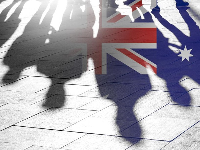 Australian Flag as Background and Silhouettes of People - conceptual Picture about Independence Vote Patriotism political situation and Migrants