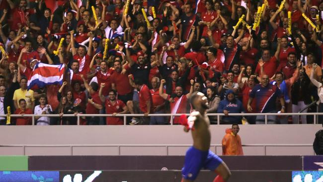 Supporters of Costa Rica cheer for their team after Costa Rica's Kendall Waston scored.