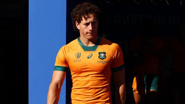 LYON, FRANCE - SEPTEMBER 23: Mark Nawaqanitawase of the Wallabies looks on during the Australia captain's run ahead of their Rugby World Cup France 2023 match against Wales at Parc Olympique on September 23, 2023 in Lyon, France. (Photo by Chris Hyde/Getty Images)