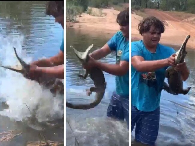 2019: Stills from a video of Nicholas Milyari Fitzpatrick catching a freshwater crocodile out of a remote creek. Pictures: Nicholas Milyari Fitzpatrick