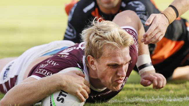 Ben Trbojevic stole the spotlight with two-tries for the Sea Eagles, including his first in the NRL. Picture: Getty Images.