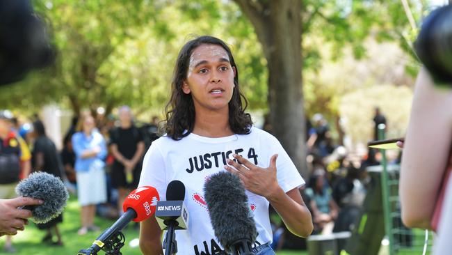 Samara Fernandez-Bron speaks to the media during a press conference outside the Alice Springs Local Court in Alice Springs in December 2019. Picture: AAP Image